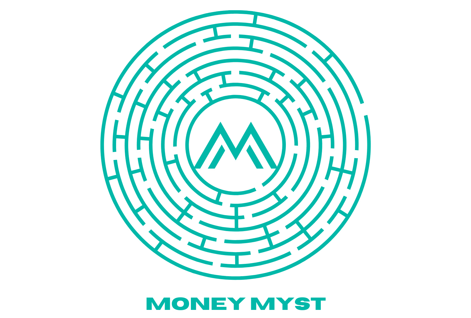 MoneyMyst logo featuring a teal circular maze with an abstract letter M in the center on a black background.